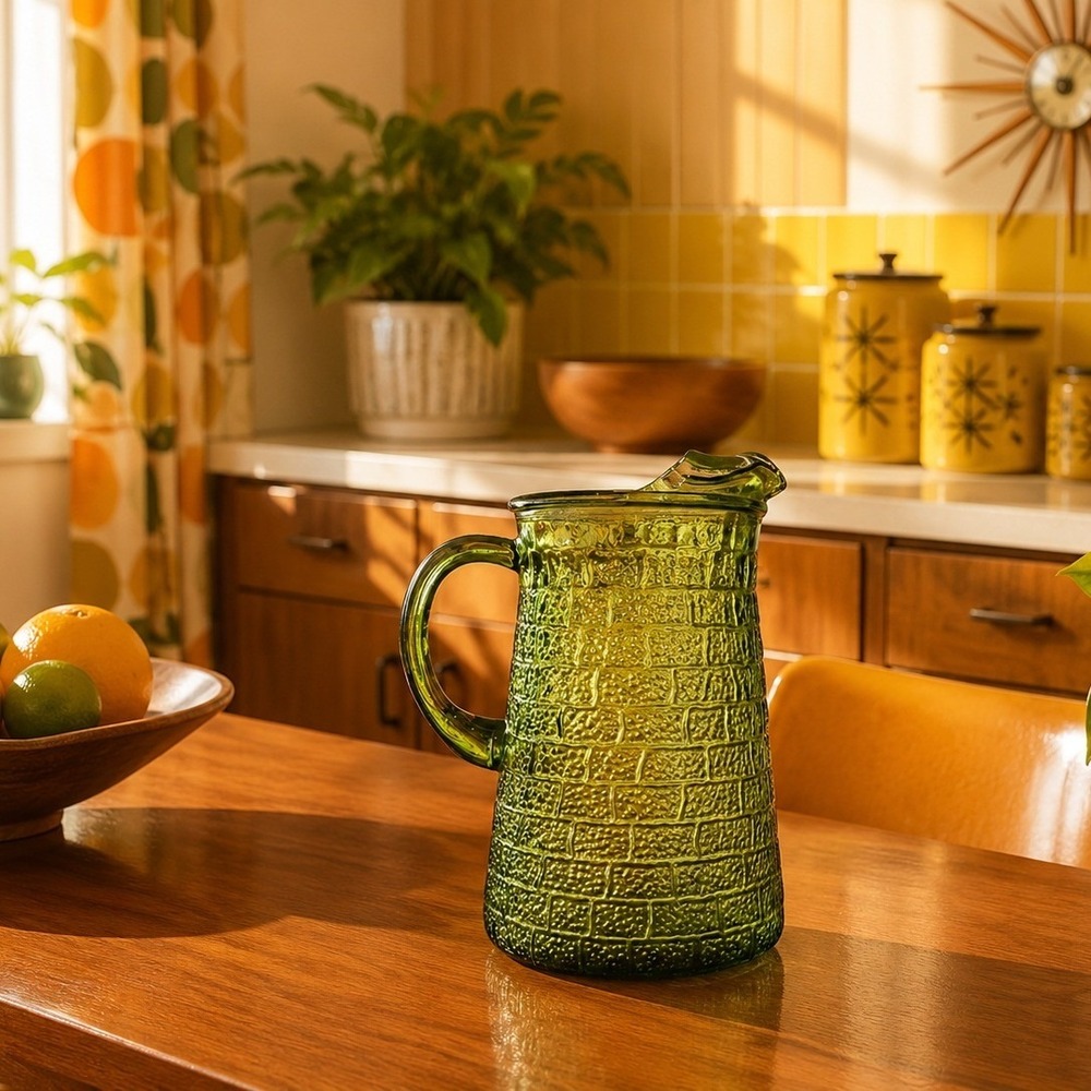 Vintage Barlett Collins Mid Century Modern Brick Road‎ Avocado Glass Pitcher